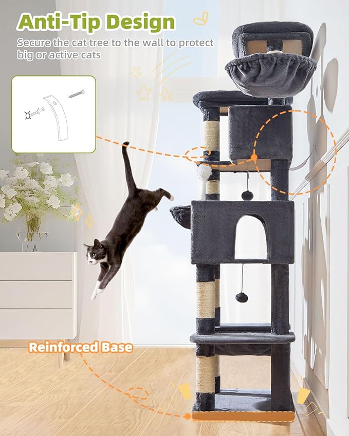 Taoqimiao Tall Cat Tree, 76-Inch Cat Tower with Scratching Posts，Sturdy Cat tree for Indoor Cats Large Adult with 2 Condos, 2 Perches, 2 Hanging Baskets, Hammock, 8 Scratching Posts, MS046G Smoke Gray