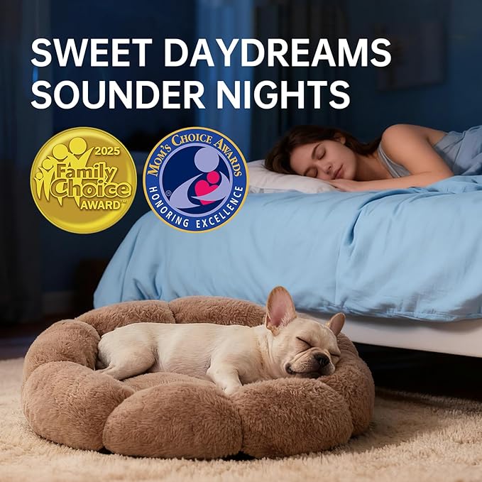 OhGeni 31 inches Calming Donut Orthopedic Dog & Cat Bed for Medium Pets, Warming Comfort Fluffy Short Pile Fur, Durable Waterproof Machine Washable Removable Cover, Cute Round Bed for Puppy, Camel