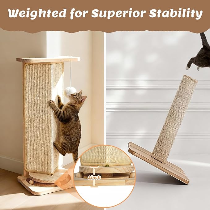 Cat Corner Scratcher with Interactive Ball Toys for Indoor Cats, Sisal Cat Scratching Post with Danging Ball for Wall Corners Furniture Protector 28''