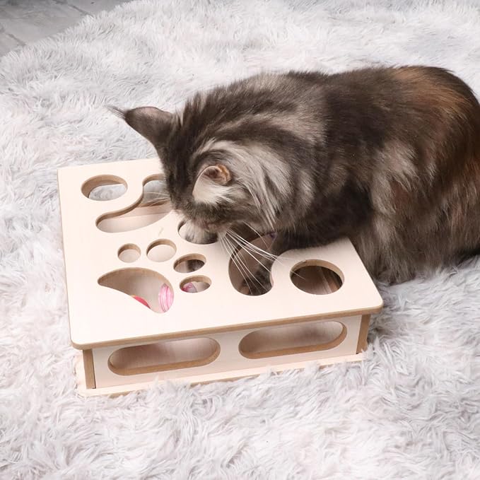 Cat Interactive Box Puzzle Toy with 3 Small Balls and 1 Bell Indoor Hunting Exercise Toy for Kittens Natural Wood Material