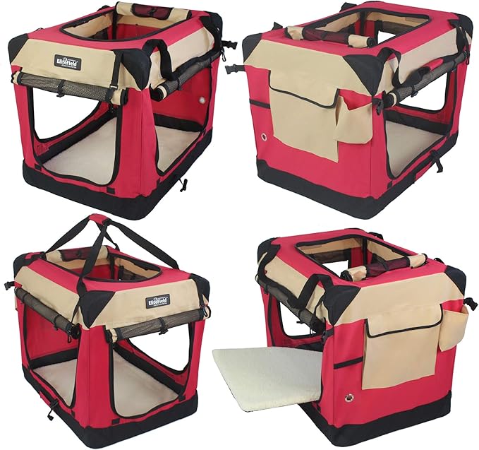 EliteField 4-Door Folding Soft Dog Crate with Curtains, Carrying Bag and Fleece Bed (2 Year Warranty), Indoor & Outdoor Pet Home (24" L x 18" W x 21" H, Red+Beige)