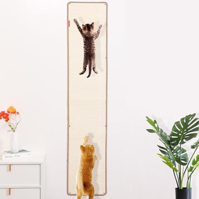 66.93x13.38x0.32 inch Thickened Cat Wall Scratcher Carpet, Cat Climbing Wall, Durable Cat Wall Furniture, Tall Cat Scratching Post, Wall Scratchers for Indoor Cats Sofa Protector (Beige-Velcro Strap)