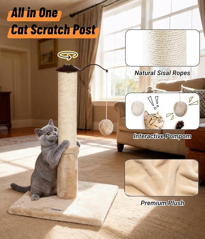 Happi N Pets 22" Cat Scratching Posts for Indoor Cats, Carpet Cat Scratch Post, Sisal Cat Scratcher, Cat Post with Rotatable Hanging Balls & Stable Base, Cat Scratchers for Kittens-Beige