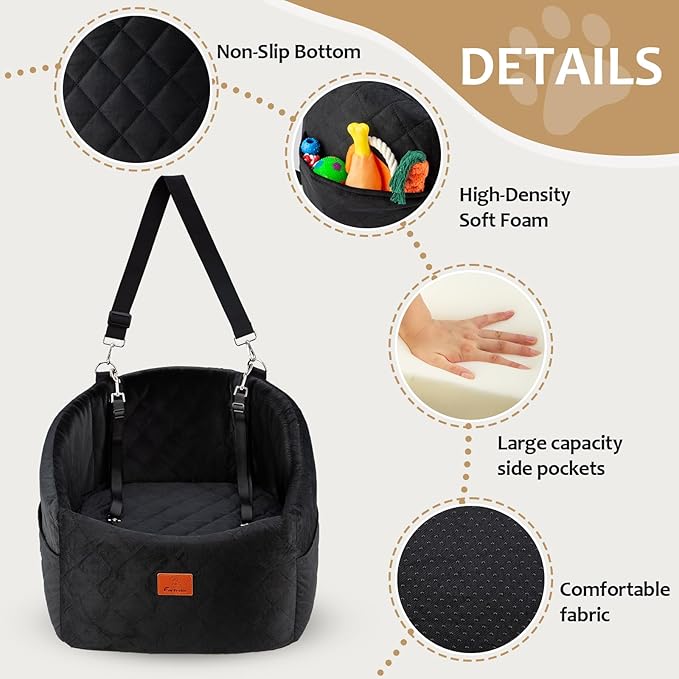 Dog Car Seat for Small/Medium, Memory Foam Dog Booster Car Seats with Thick Cushion for Dogs Under 30lbs, Detachable Washable Pet Travel Bed with Storage Pockets & 2 Safety Belt