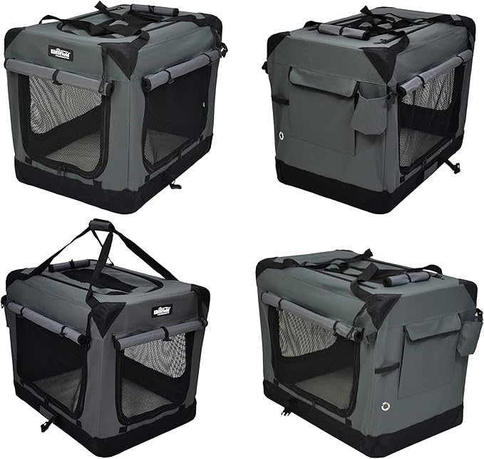 EliteField 4-Door Folding Soft Dog Crate with Curtains, Carrying Bag and Fleece Bed (2 Year Warranty), Indoor & Outdoor Pet Home (20" L x 14" W x 14" H, Gray+4 Door Curtains)