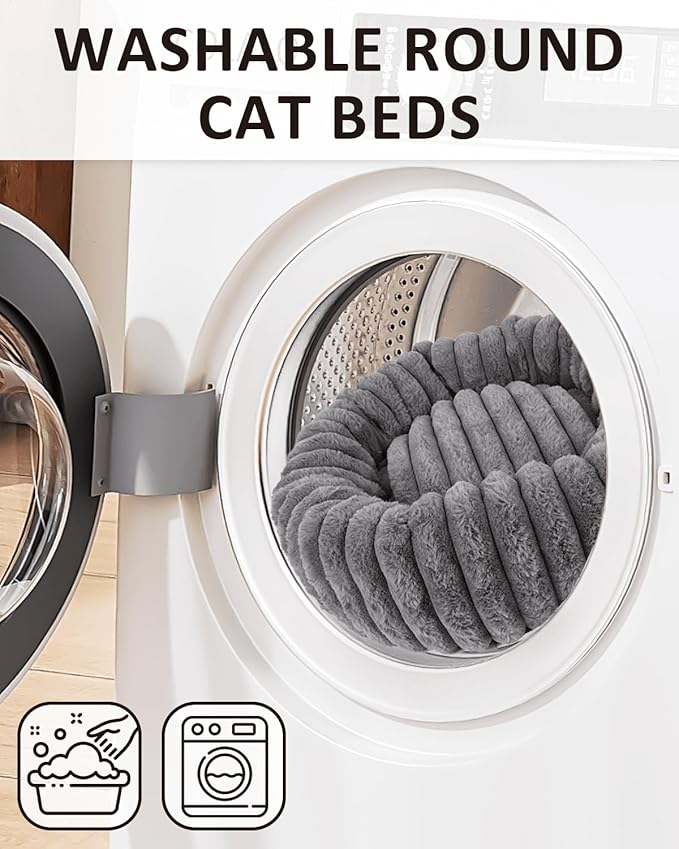 Round Cat Bed Kitten Beds, Gray Donut Small Cats Bed, Washable Super Soft Plush Faux Fur Pet Beds with Anti-Slip Bottom, 20x20x7 Inch Cat Cave Beds Calming Bed Cute Puppy Beds for Indoor