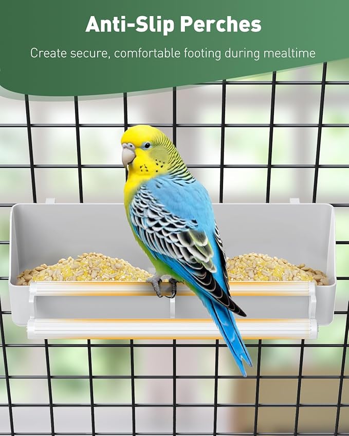 Pawfly 2 Pack Bird Feeder for Cage Hanging Plastic Feeder with Hooks Water Dispenser with Perches for Small Parakeet Cockatiel Canary Parrot