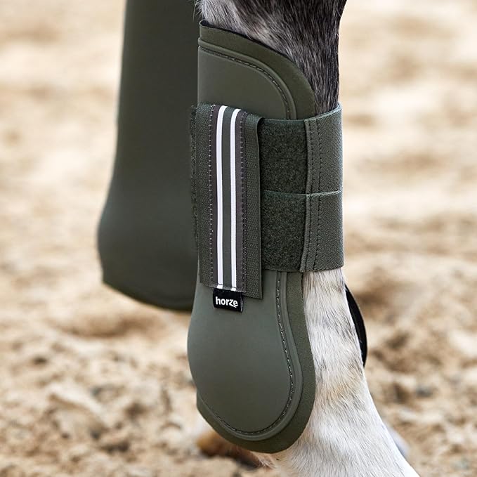 HORZE Adepto Open Front Tendon Boots | Durable Shell with Neoprene Lining - Beetle Khaki Green - Warmblood