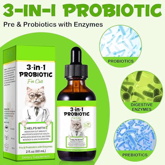 Probiotic for Cats, Natural 3 in 1 Cat Probiotic Drops Helps to Relieve Diarrhea, 60ml for Cats of All Ages, Supports Gut Health, with Digestive Enzymes & Prebiotics Liquid Supplement