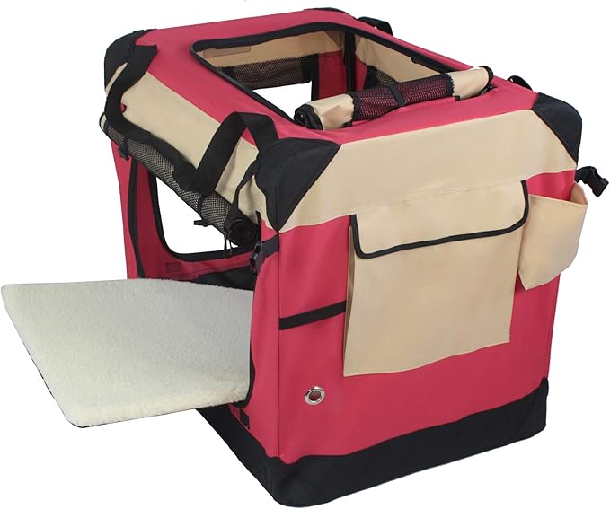 EliteField 4-Door Folding Soft Dog Crate with Curtains, Carrying Bag and Fleece Bed (2 Year Warranty), Indoor & Outdoor Pet Home (24" L x 18" W x 21" H, Red+Beige)