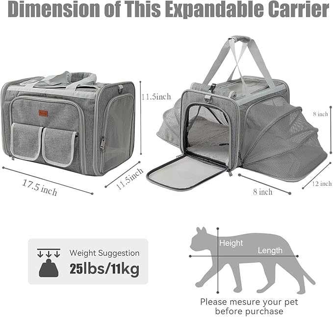 Dog Carrier Cat Carriers Grey Soft Pets Bag Airline Approved Dog Carrier for Small Dogs Carrier,2 Sides Expand,Stylish Rabbit Bunny Pets Carriers Travel Outdoor Carry Kennel