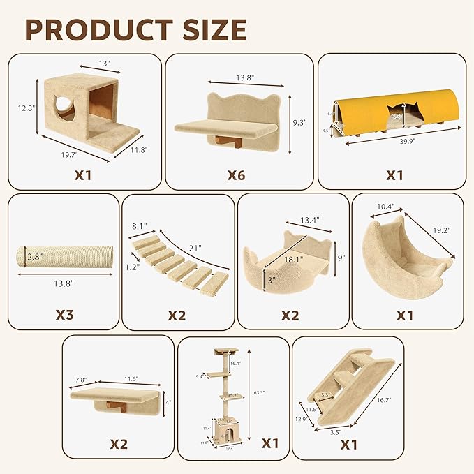 20-in-1 Cat Wall Shelves, Wall Mounted Pet Furniture w/Plush Fabric, Cat Climbing Wall System, 63'' Cats Tower w/Scratching Posts, Cats Shelf with 40''L Tunnel, Condos, House, Step and Ladder