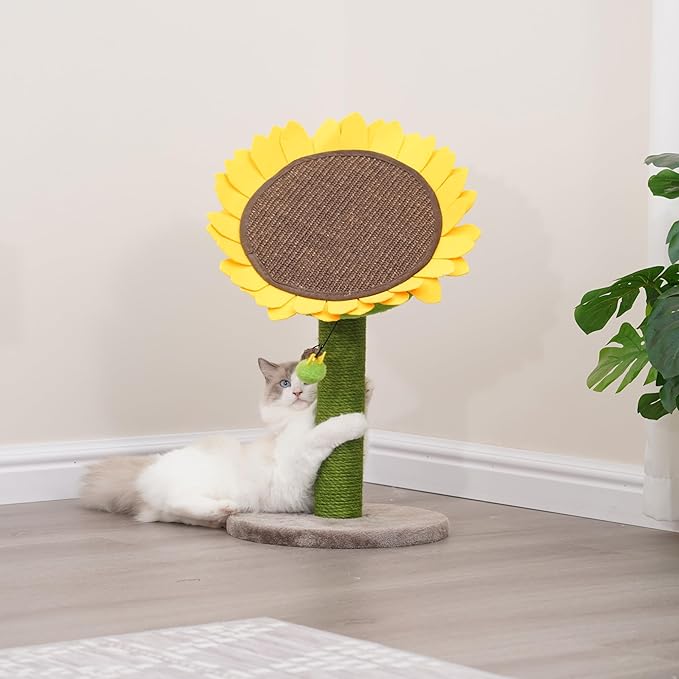 Catry 23" 2-in-1 Replaceable Cat Scratching Post with Convertible Sunflower Scratching Pad or Perch, Quick Assembly, Garden Style, Ideal for Small to Medium Cats