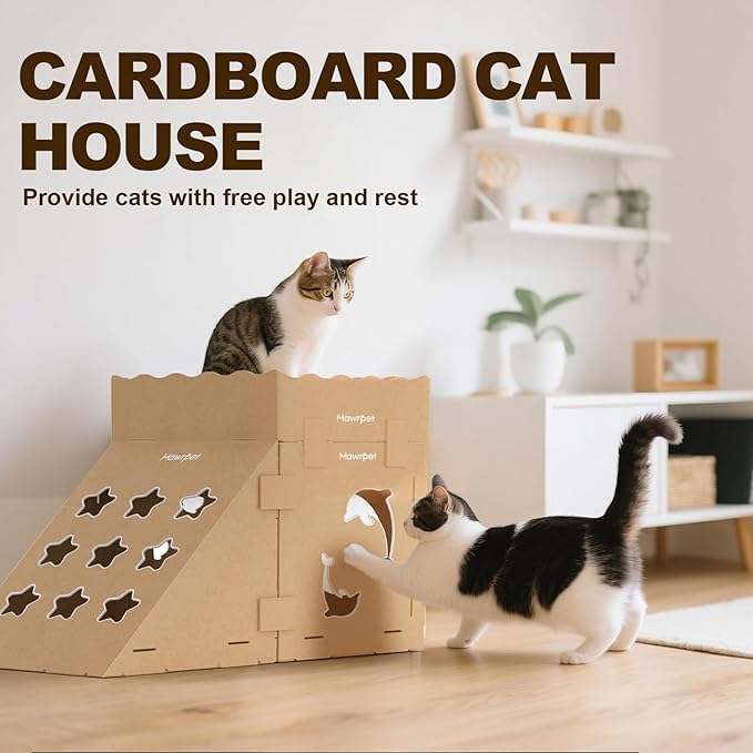 DIY Cat Scratcher Cardboard House, Clawsable Cat Play House, a Versatile Box, Indoor Kitty Scratcher Hideout for One or More Cats Brown, Cat Tower Castle Tunnel 10 Parts