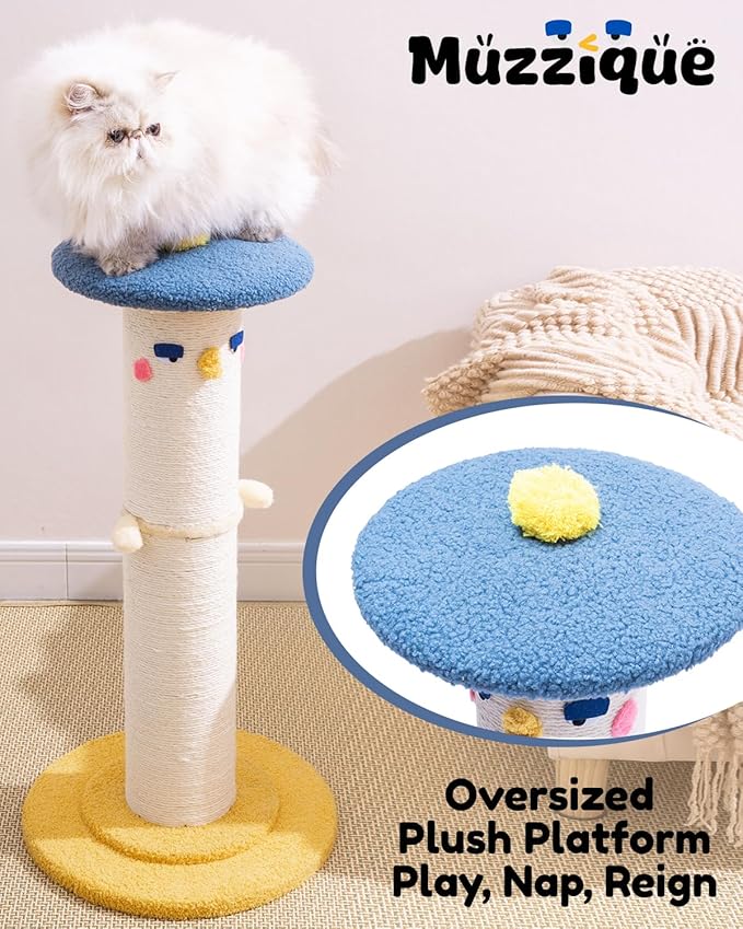 Cat Scratching Post, 31 in Tall Thicker Scratch Post w/Perch, Full Strectch for Indoor Cats, Adult/Kitten/Kitty Scratcher Sisal Rope, Large Play Toy Stand, Cute Adjustable Heights Furniture Protector