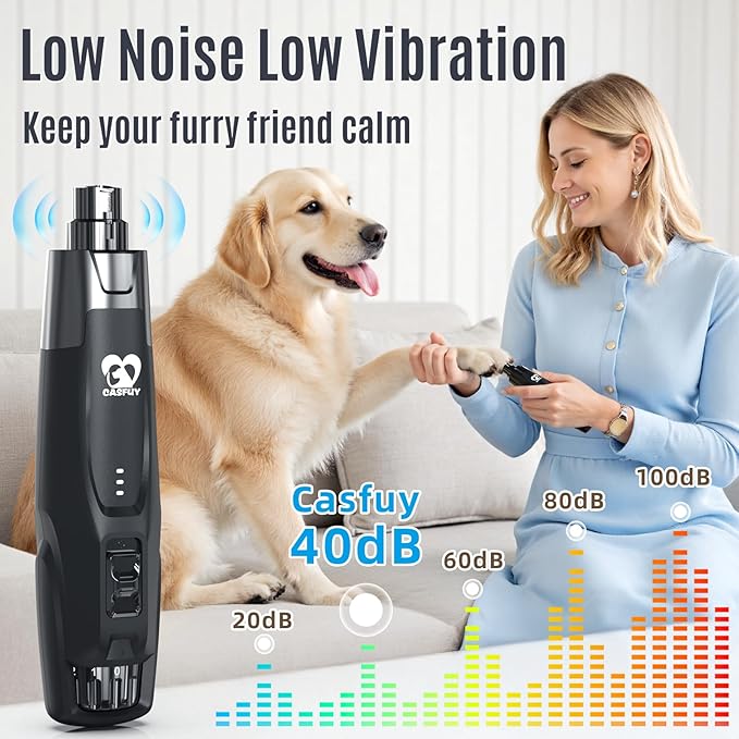 Casfuy New 6-Speed Dog Nail Grinder - 50% More Power Dog Nail Trimmers with 2 LED Lights Quiet 7h Running Time Electric Pet Nail Grinder File Toenail Grinder for Large Medium Small Dogs & Cats (Black)