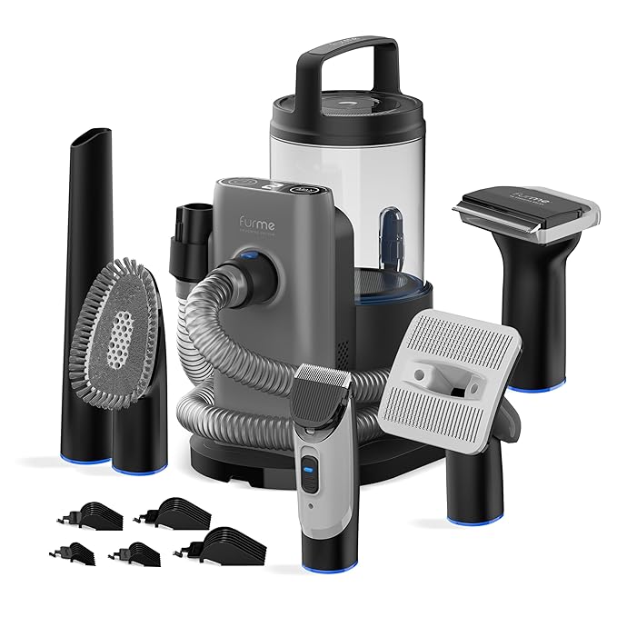 FurMe Professional Pet Grooming Vacuum Kit - Cat & Dog Grooming Kit for Easy Pet Care at Home, Quiet & Safe Dog Hair Remover Machine with Brush, Clipper, Shedding & Cleaner Tools & 2L Canister