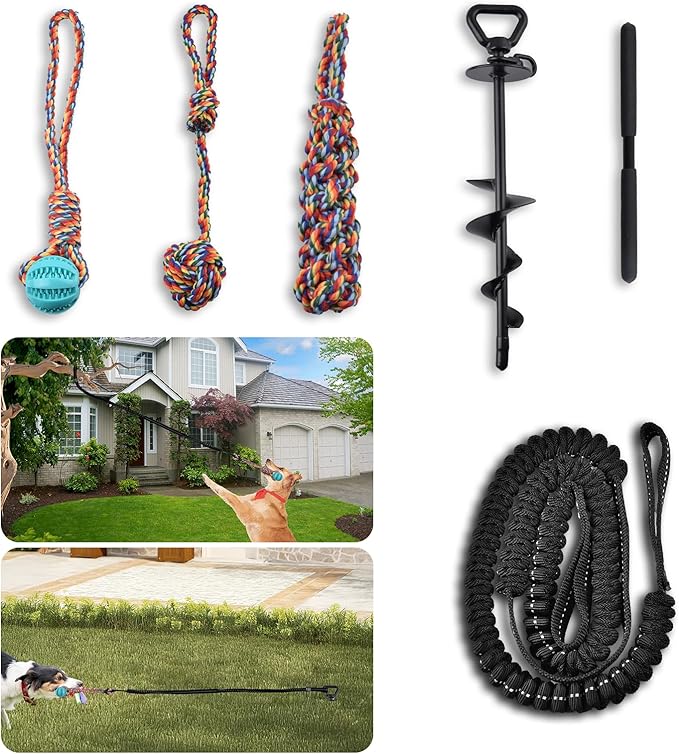 Tether Tug Outdoor Dog Toy with Upgraded Steel Stake & Adjustable Safety Rope, Includes 3 Chew Toys , Durable Interactive Tug of War Bungee Rope Toy for Large, Medium & Small Dogs on Lawns or Trees
