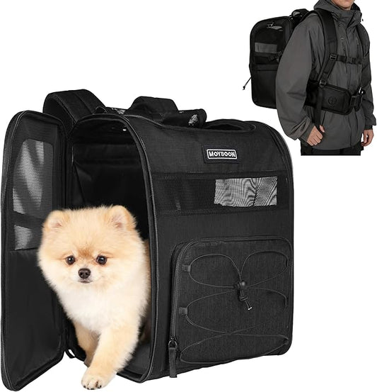 Hiking Dog Carrier Backpack, Adjustable Waist Cushioning Belt with Breathable Padded Back Support, Dog Carrier for Hiking with 5 Pockets, Dog Carrier Backpack for Small Dogs Max 13LB Black