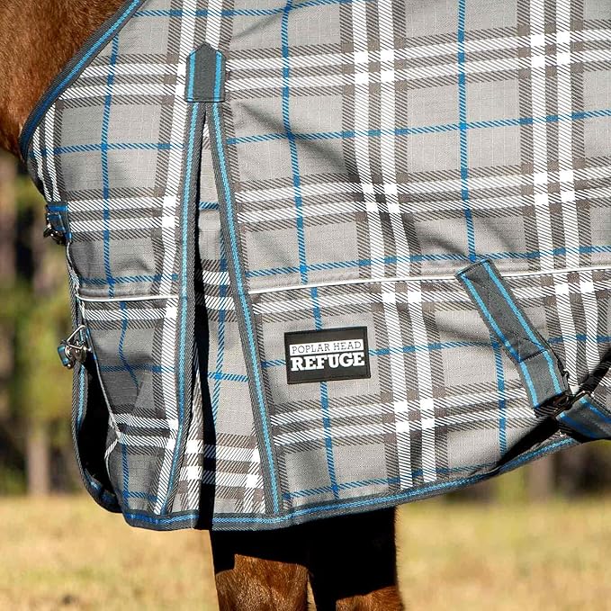Jeffers Poplar Head 1200 Denier Turnout Sheet for Horses, 0g Polyfill, 72"- Waterproof Lightweight Horse Blanket, Adjustable Chest Belly Straps, Tail Flap, Stable Blanket -Hamilton Blue & Slate Plaid