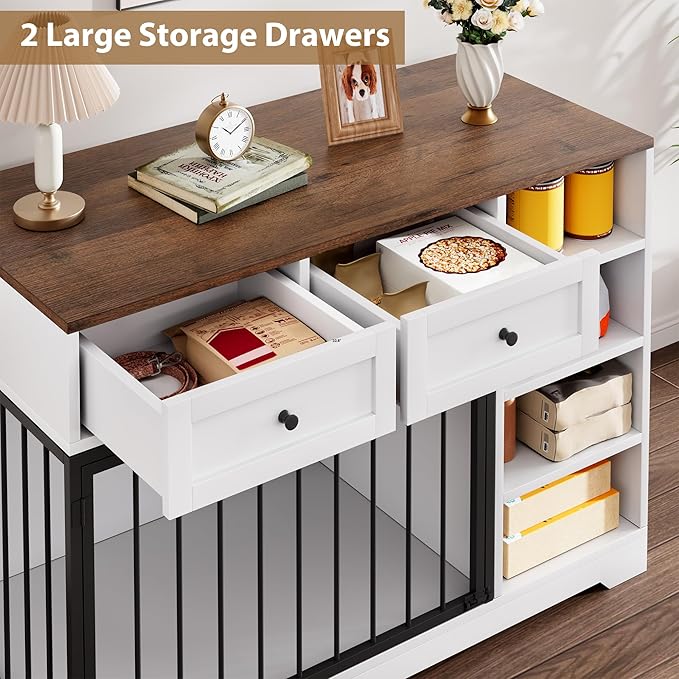 Dog Crate Furniture 47?? Large Dog Crate TV Stand with 2 Drawers and 4 Shelves, Wooden Dog Kennel Indoor, Decorative Dog Cage with Storage for Large Dogs, White