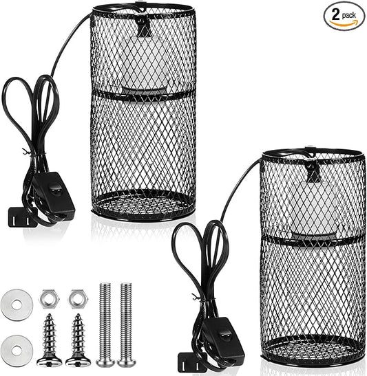 VIHOSE 2 Pcs Reptile Heat Lamp Guard with 150W Ceramic Heat Emitter Basking Anti Scald Heating Lamp Holder Mesh Cage Reptile Protection Lampshades for Lizard Snake Chick, Bulb Not Included