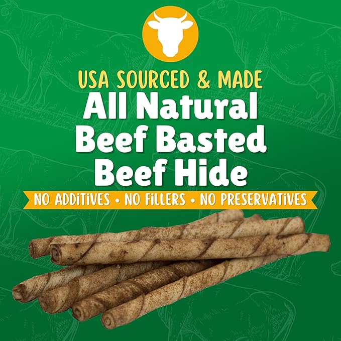 Beef Basted Rawhide Twist Sticks Dog Treats – 60ct. Premium Rawhide Chew Sticks – Long Lasting Beef Flavored Chews for Small Dogs Made in USA with Natural Beefhide