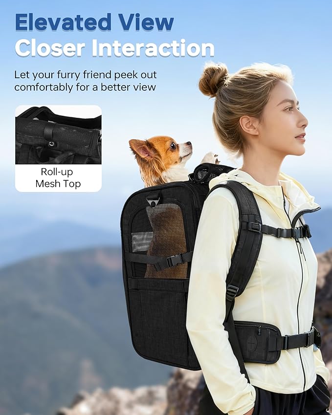 Hiking Dog Carrier Backpack, Adjustable Waist Cushioning Belt with Breathable Padded Back Support, Dog Carrier for Hiking with 5 Pockets, Dog Carrier Backpack for Small Dogs Max 13LB Black
