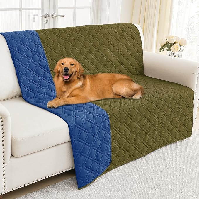 Smiry Waterproof Dog Blanket, 52x82 Inch Soft Pet Bed Cover Reversible, Washable Sofa Couch Furniture Protector for Small Medium Large Dog Puppy Cat, Geometric, Green/Navy