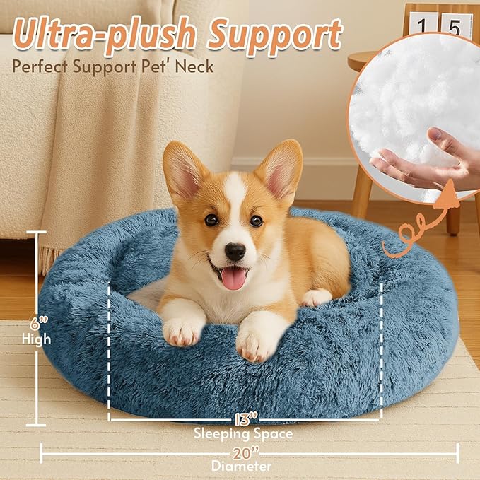 JOLLYVOGUE Calming Dog & Cat Bed for Small Dogs, Anti-Anxiety Donut Cuddler Cozy Soft Round Bed with Anti-Slip Bottom, Fluffy Faux Fur Plush Cushion Beds for Small Pets (20")