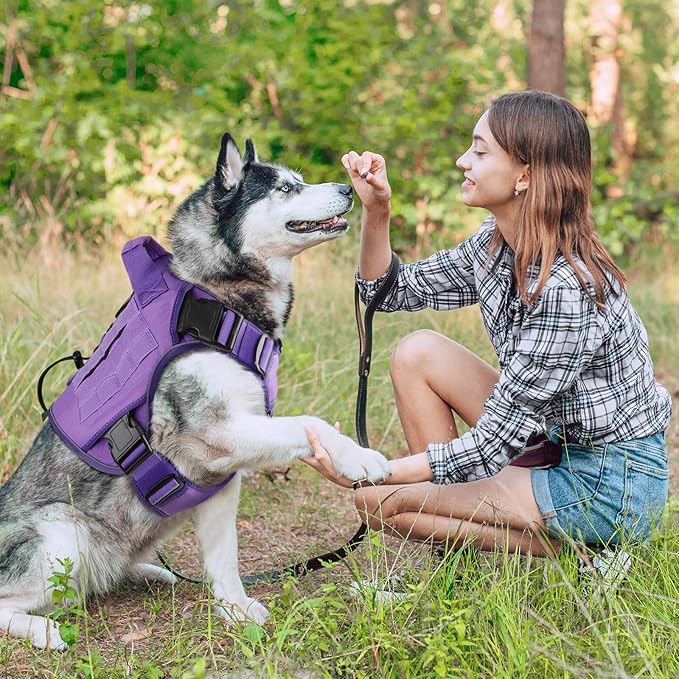 WINGOIN Purple Tactical Dog Harness for Large Dogs, Heavy Duty No Pull Dog Harness with Handle, Adjustable Reflective Military K9 German Shepherd Big Size Dog Vest for Walking, Training, Hunting (L)