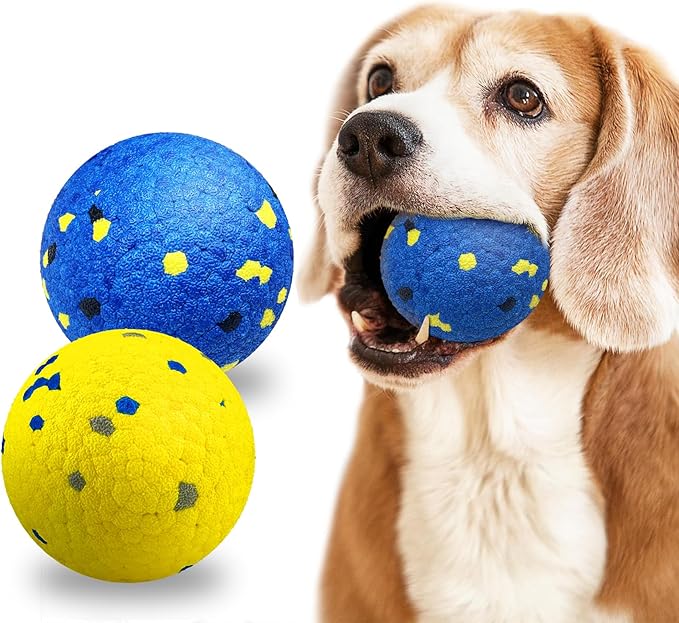 2 Pack Dog Balls Indestructible Tennis Balls for Dogs Durable Bouncy Dog Toy Balls for Aggressive Chewers Interactive Dog Toys for Water Toy Fetch Balls (Yellow,Blue)