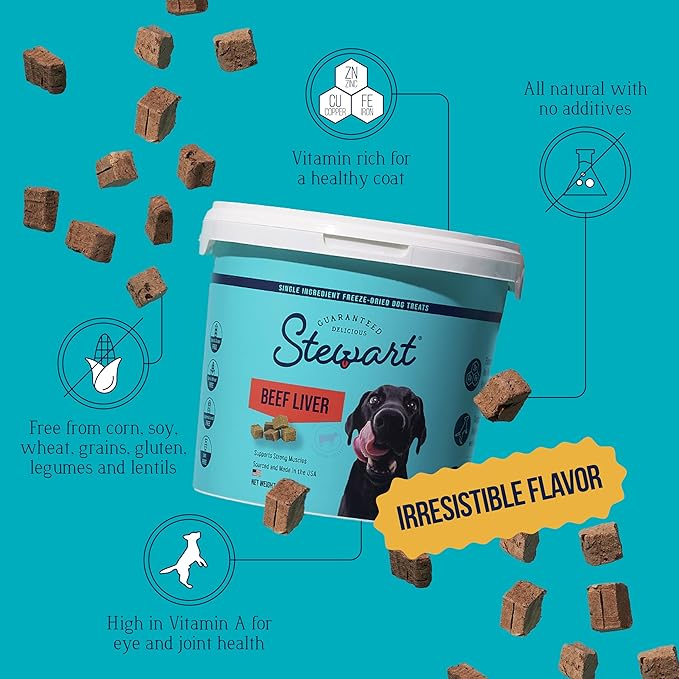 Stewart Beef Liver Dog Treats, 12 oz, ~270 Pieces, Freeze Dried Raw, Single Ingredient, 50% Protein Training Treats or Meal Topper in a Resealable Tub, Grain Free, Gluten Free