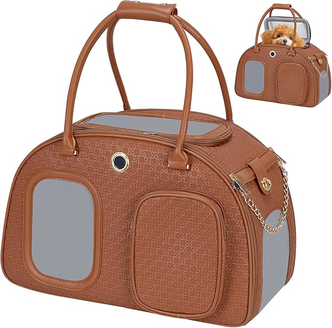 Stylish Luxury Dog Carrier Purse for Small Dogs, Ventilated Pet Soft-Sided Dog Cat Carrier Travel Tote Bag for Puppies Small Animals with Pockets (Brown, 16.9inch x 9inch x 11.8inch(LxWxH))