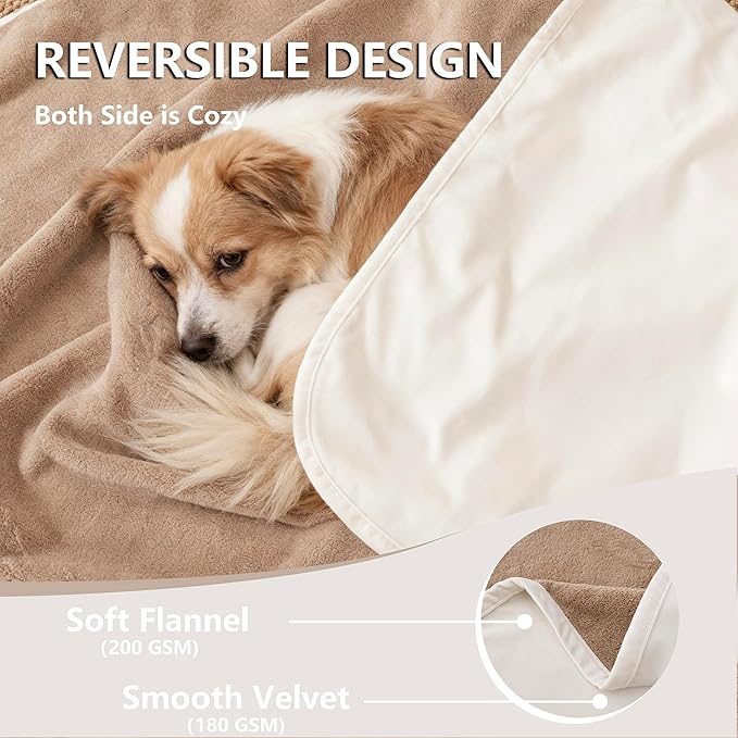 Waterproof Dog Blanket for Bed, Reversible Queen Size Pet Couch Throw Blankets Leak Proof Sofa Protector for Furniture Machine Washable-82x95,Khaki+Beige