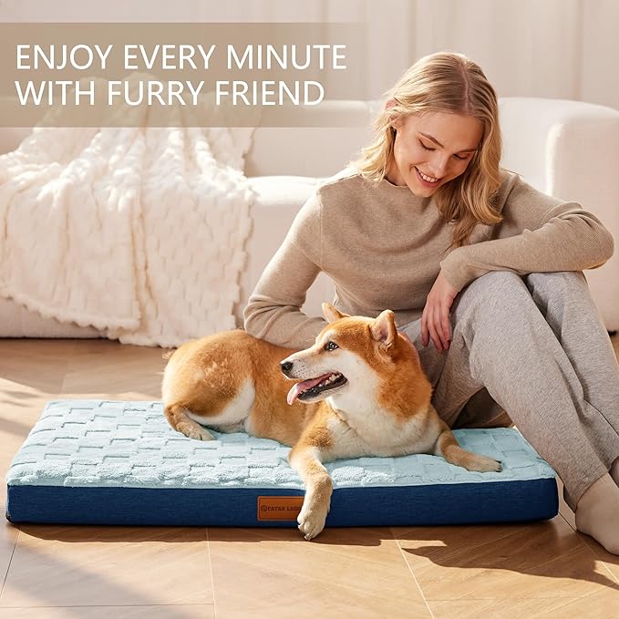 Patas Lague Orthopedic XL Dog Bed Large Sized Dog 48''X30'', Waterproof Soft Comfortable Egg Crate Foam Large Pet Beds Crate Mat with Removable Washable Cover and Nonskid Bottom, Blue
