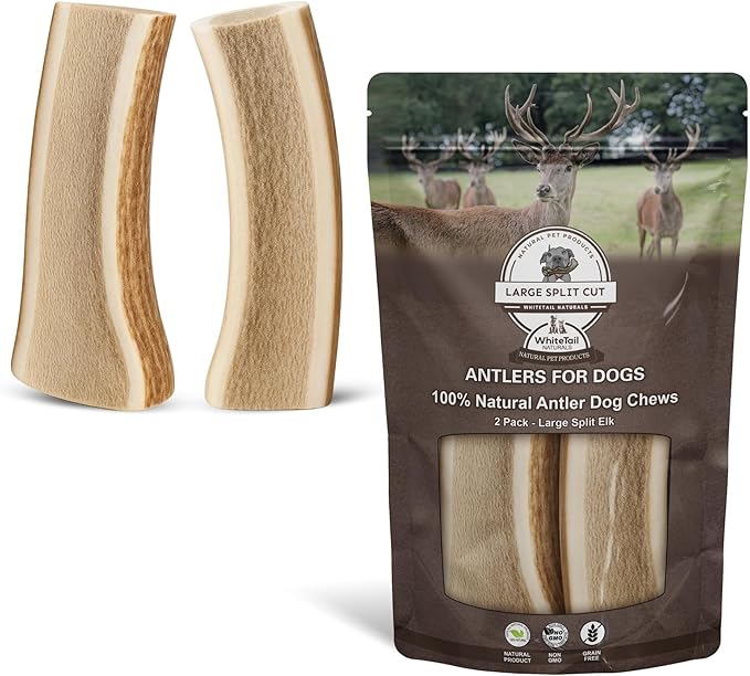 WhiteTail Naturals - Split Antlers for Large Dogs - (2 Pack- Large) - Naturally Shed, Long Lasting Dog Antler Horn - Tough Chew Bones for Aggressive Chewers