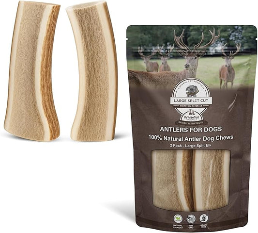 WhiteTail Naturals - Split Antlers for Large Dogs - (2 Pack- Large) - Naturally Shed, Long Lasting Dog Antler Horn - Tough Chew Bones for Aggressive Chewers
