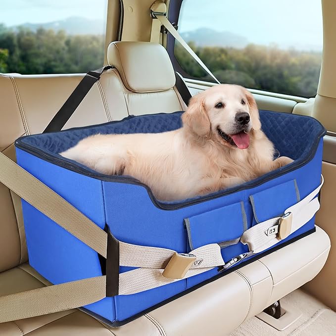INFANZIA Dog Booster Car Seat for Small Medium Large Dogs, Elevated Pet Car Seats with Safety Leash for Pets Under (Royal Blue, Large)