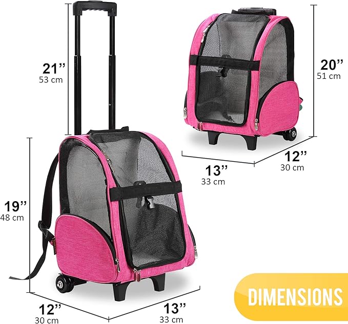 KOPEKS Deluxe Backpack Pet Travel Carrier with Double Wheels for Pets up to 10 Pounds - Black - Approved by Most Airlines