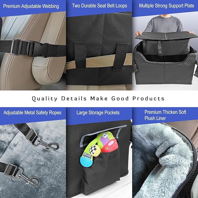 INFANZIA Dog Booster Car Seat for Small Medium Dogs, Elevated Pet Car Seats with Safety Leash for Pets Under 45Lbs, Washable Lookout Puppy Travel Seat with Storage Pockets (Medium, Black)