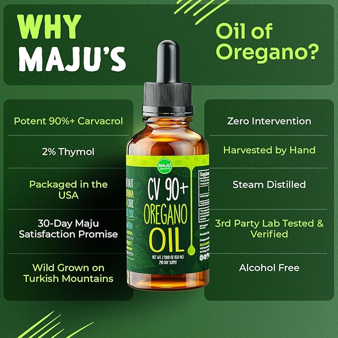 MAJU Oregano Oil Drops - Potent 90%+ Carvacrol (2 fl Oz) Wild Mediterranean Essential Oil of Oregano Liquid, Aceite de Oregano, Immune and Seasonal Support