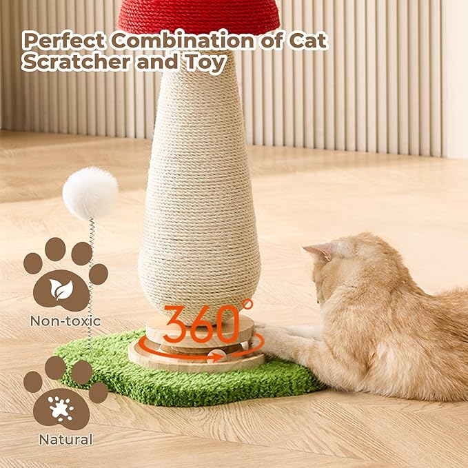 Mushroom Cat Scratching Post with Interactive Ball Track Spring Ball Cat Toys, 21.2" Cat Sisal Scratcher Tree for Indoor Cats, Red