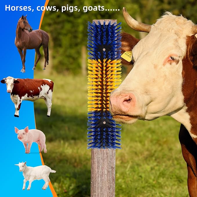Livestock Scratch Brush for Cattle, Horses, Goats, Cow, Durable Scratching & Massage Grooming Tool for Healthy Coat, Relieves Itching, Easy Install on Fence Posts(6pcs, Yellow)