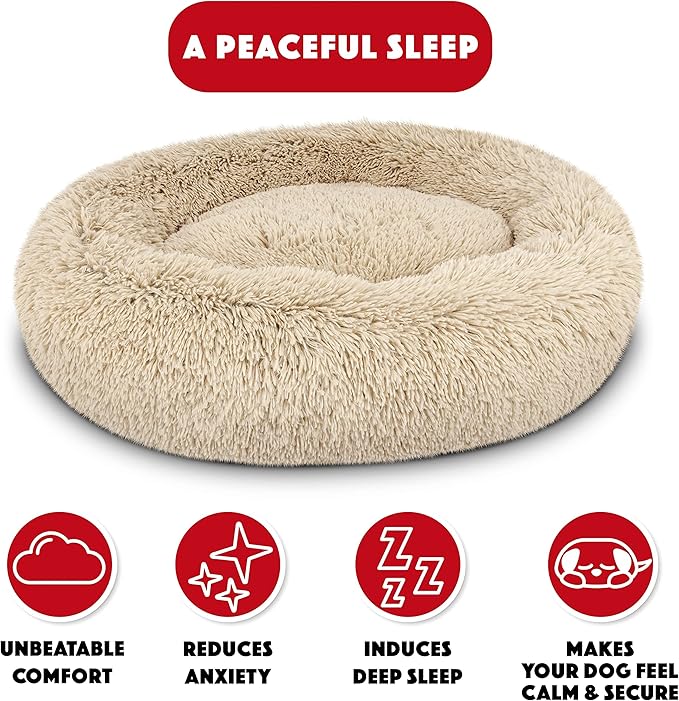 The Dog’s Bed Sound Sleep Donut Dog Bed, Med Dog Beige Fur Calming Nest Bed