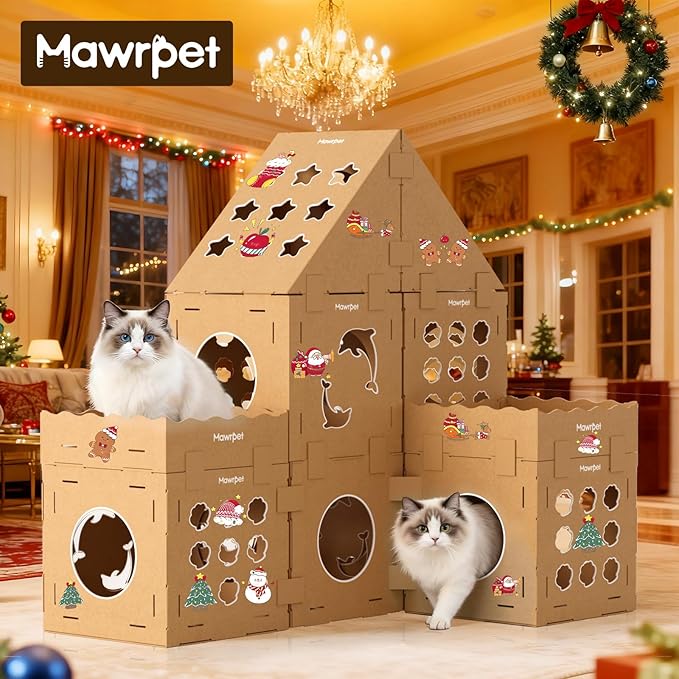 DIY Cardboard Cat House with Scratching Pad, Cat Tower Indoor Play House, Versatile Cardboard Cat Tunnel Box for One or More Pets, Indoor Use Rabbit Hideout Cave Castle Brown, 3 Parts