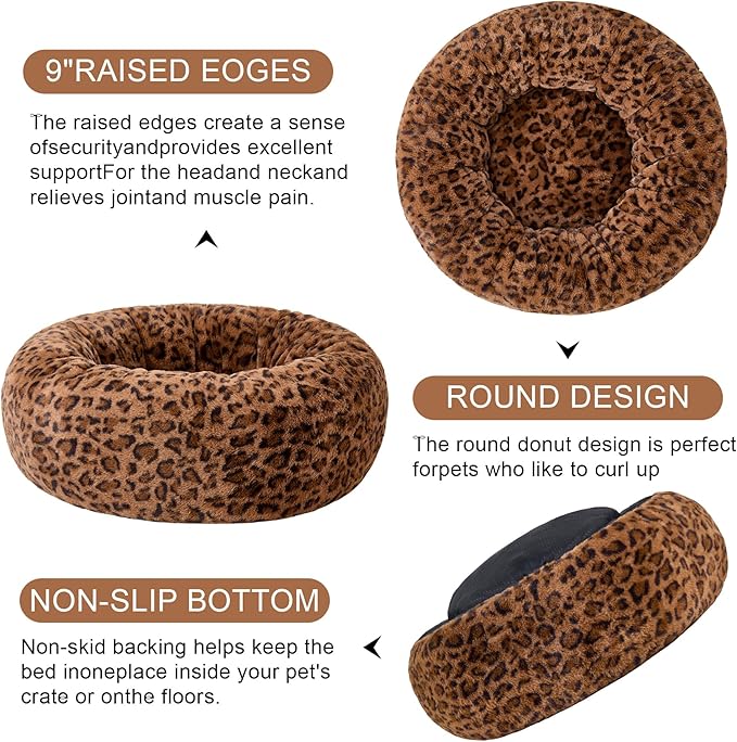 Dog Calming Beds for Small Medium Large Dogs - Round Donut Washable Puppy Dog Bed, Anti-Slip Faux Fur Fluffy Donut Cuddle Anxiety Cat Pet Bed (20" Leopard Print)