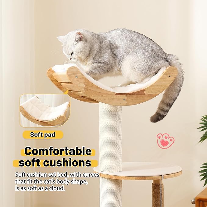 KVIDA Solid Wood Cat Tree 54.7" – Modern Floor Cat Tower for Large & Multiple Cats, Stable Rubber Wood Design with Hammock, Sisal Scratch Posts & Easy-Clean No-Carpet Platforms