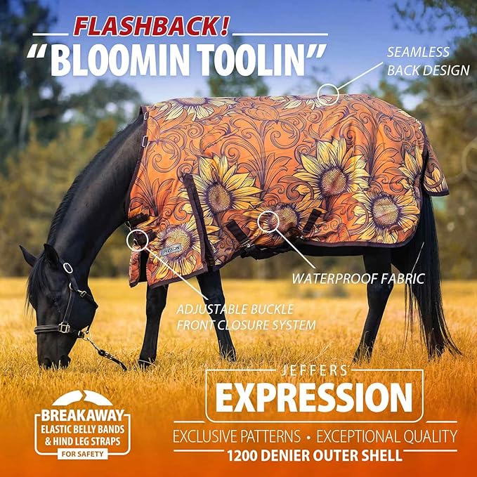 Jeffers Expression 1200 Denier Standard Neck Turnout Blanket for Horses, 75"- Water Proof, Breathable, 240 gram Polyfill for Medium Weight Warmth, Winter Protection for Stall, Barn – Bloomin' Toolin