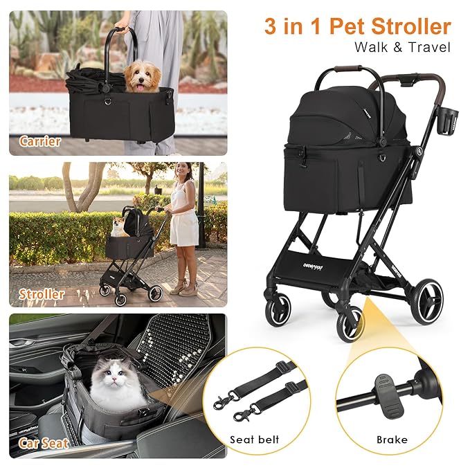 X2 Pet Stroller, Dog Cat Stroller for Small Pets, Equipped with Detachable & One-Click Folding Carrier, Waterproof Pad & Sunshade Canopy,Black